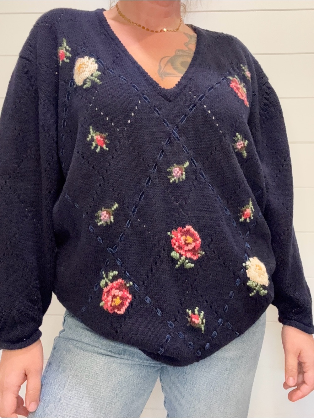 Vintage Susan Bristol Navy V-Neck Sweater with Pink and Cream Floral Embroidery